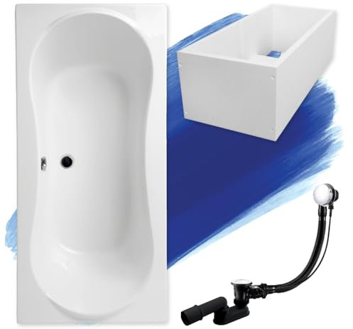 BADLAND Badewanne Original Weiß Acryl Wanne Rechteck LONG 180x80 KOMPLETTSET SET mit Premium Wannenträger + Füßen und Exklusive Chrom Automatik Ablaufgarnitur Made in EU 4in1