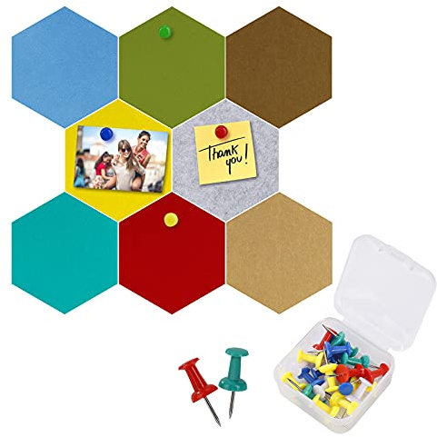 Pinnwand Sechseck Filz Memoboards Selbstklebend Filzboard mit 20 Stücke Pinnadeln für Heim Büro Klassenzimmer Wand 8 Packungen 17.5 x 15.2 cm Bunte