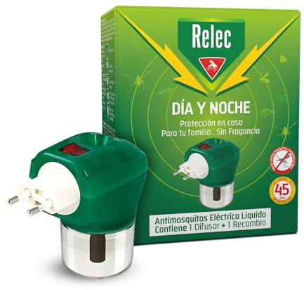 Relec Día y Noche Difusor Eléctrico Líquido Antimosquitos Y Recambio, 35 ml | Eficaz contra mosquitos tigre, uso interior y familiar, hasta 45 noches de protección, sin fragancia, con recambio
