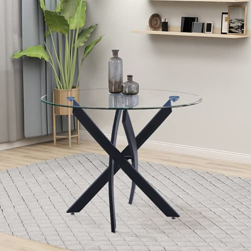 GOLDFAN Esstisch Rund Glas Moderner Küchentisch Glas Tisch Modernes Design Küchentisch mit Verchromten Beinen für Esszimmer Wohnzimmer Büro Schwarz, 80 x 80 x 75 cm