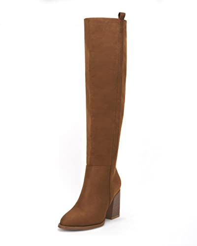 Ermonn Womens Faux Suede Side Zipper Pointed Toe Block Heel Stretch Over The Knee Thigh High Boots