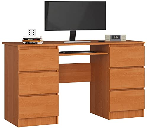 Schreibtisch Klein mit Schubladen | Office Desk | Computertisch | Bürotisch mit Tastaturablage | Holz Deko | B135 x H77 x T50 cm, 60 kg