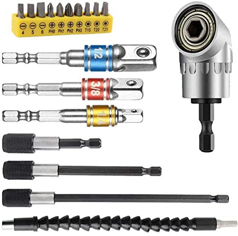 Flexible Drill Bit Extension kits,Include 11.8 inch Bendable flexible extension Bit, 10Pcs Screwdriver Bit Set, 105° Right Angle Drill, 3pcs Universal Socket Adapter Set and 3pcs Drill Bit Holder