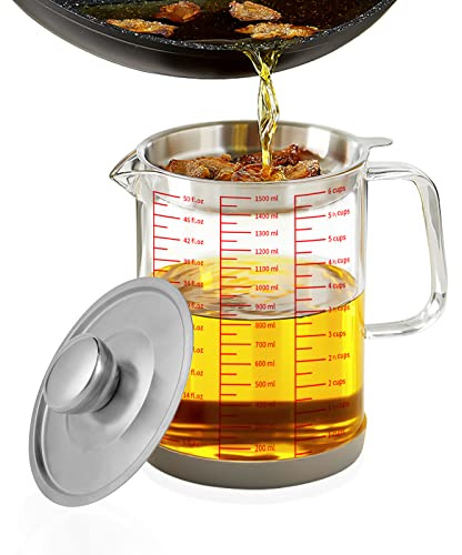 Luvan 1.5L/50oz Glass Bacon Grease Container with Strainer, Cooking Oil Storage Can with Fine Mesh Filter, Lid and Easy-Grip Handle, Fat Separator for Storing Fats, Frying Oil and Cooking Grease