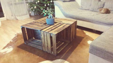 Obstkisten-online Geflammter Couchtisch aus Obstkisten auf Rollen, toll für Wohnzimmer/Garten/Terrasse, neu, 81x81x44cm (Geflammter Couchtisch ohne Glas)