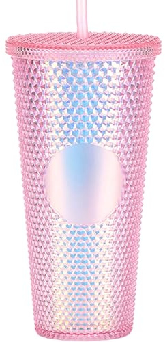 Studded tumlare med sugrör med lock och sugrör rosa tumlare med sugrör texturerad kopp BPA-fri dubbelvägg plastglas för iskaffe kalla drycker eller vatten 24 oz