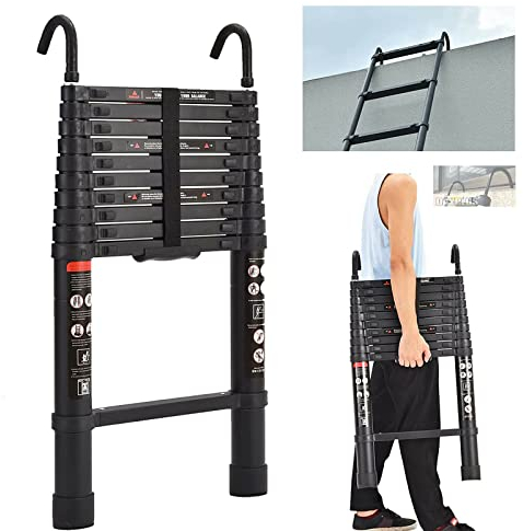 3,2m Teleskopleiter mit Abnehmbarem Haken Mehrzweckleiter für Dachboden/Kletterdach/Büronutzung/Baujob Ausziehbar Aluleiter rutschfeste Stufen 150 Kg Belastbar (Schwarz)