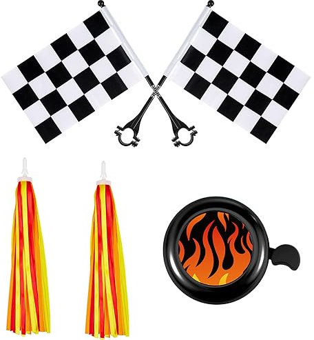 Liliful 5-teiliges Kinder-Fahrrad-Zubehör-Set beinhaltet 2 x Flammen-Fahrrad-Quasten, Luftschlangen, Glocken, 2 schwarz-weiß karierte Flaggen, Windrad, Kleinkinder, Kinder, Jungen, Mädchen, Geschenk,
