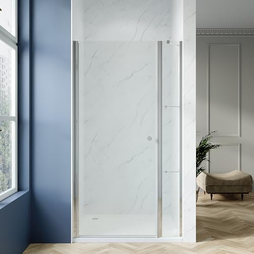 Duschtür mit Festteil und Duschablage 90 x 195 cm Nischentür Dusche mit Festem Seitenteil 90cm breit Duschnischentür Drehtür Schwingtür mit Eckregale Sicherheitsglas 6 mm Echtglas Nanobeschichtung
