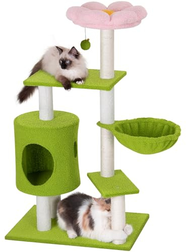 Aechonow Katzen Kratzbaum Blumen mit Kratzstamm, 104 cm Cute Katzenturm Baum, Flower Kratztonne für Klein Katzen, Mehrstöckiger Katzenturm mit Hängematte und Katzenhöhle, Grün Rosa