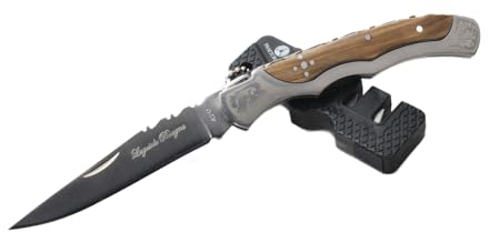 Laguiole Designer Messer Taschenmesser Klappmesser aus rostfreien Edelstahl + Pocket Messerschärfer für unterwegs (Braune Griffschalen)