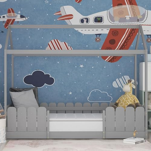 MQGPM Kinderbett Hausbett 90 x 200cm mit Rausfallschutz, Montessori Bodenbett, Holzbett für Kinderzimmer, Bettgestell aus Kiefernholz, Bett mit Lattenrost für Jungen & Mädchen, Grau