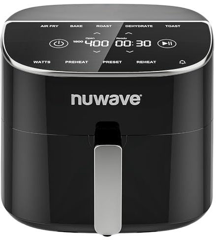 Nuwave Brio Plus 8 Qt Air Fryer, PFAS Free, New & Improved, Digital Touch Screen, Cool White Display, 50°F~400°F in Precise 5°, 5 Cook Functions, 100 Presets & 50 Memory, 3 Wattages 700, 1500, 1800