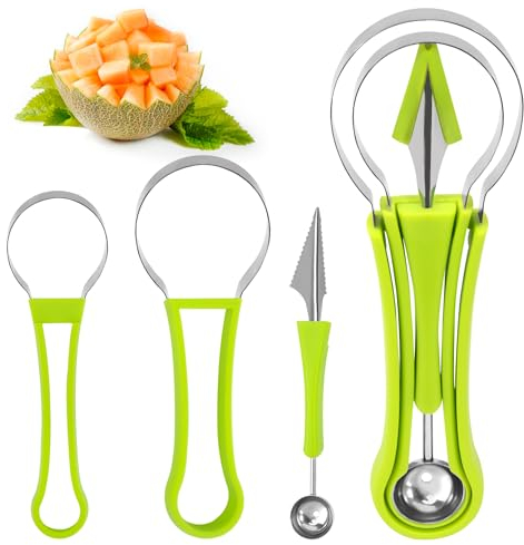 4-in-1 Obst Werkzeug Set, Edelstahl Melonenausstecher Multifunktion Melonenschneider Obst Löffel Cutter Küche Gemüse Werkzeuge für DIY-Obstsalate (Grün)