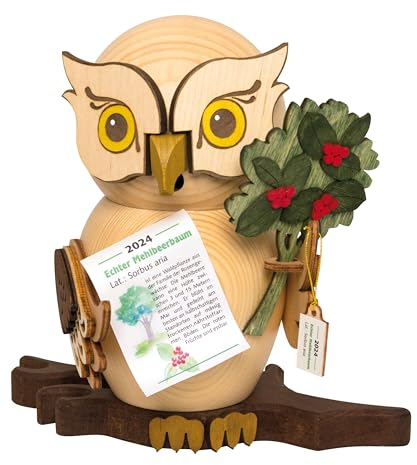 Drechslerei Kuhnert Rauchfigur/Räucherfigur - Eule Jahreseule 2024 Mehlbeere aus Massivholz - ca. 15 cm - Made in Germany