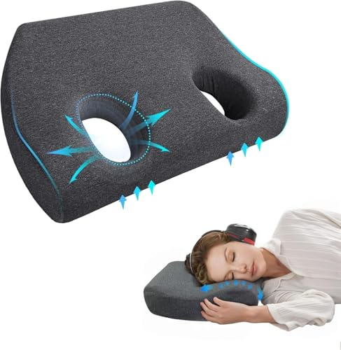 YeGang Cuscino con foro per l'orecchio per dormire, cuscino per chi dorme di lato, in memory foam, per dolori all'orecchio, per dormire, con tappi per le orecchie (grigio scuro)