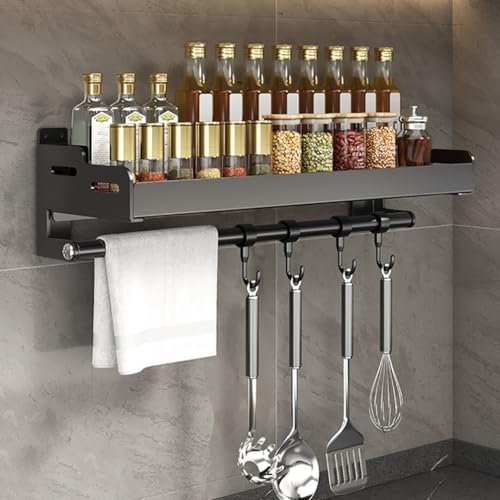 Küchenregal aus Edelstahl zur Wandmontage mit Rollenhalter-Haken und Gewürzregal, ohne Bohren, Organizer zum Aufhängen von Gewürzen, Utensilien und Küchenutensilien (60 cm)