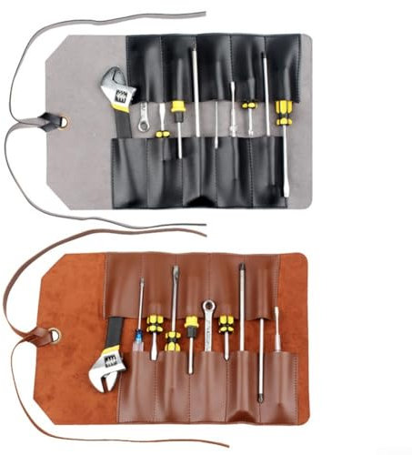 Feegow-Tragbare Leder-Werkzeug-Rolltasche, multifunktionaler Hardware-Schneider, Schraubenschlüssel-Aufbewahrung, Retro-Stil, tragbarer Schutz-Organizer für Werkzeuge, für Heimwerker (schwarz)