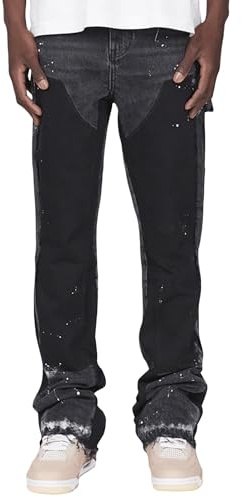 Acrawnni Men Y2K Micro Flare Jeans Fashion Ink-Splatter Patchwork Denim Pants Spring Summer Casual Trousers Hip Hop Streetwear (A-Black, M)