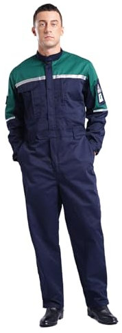 Fldy Herren Arbeitsoverall Mit Reflektierend-Streifen Werkstatt Mechanisch Overall Handwerker Arbeitskleidung Mit Vielen Taschen Marineblau&Grün M