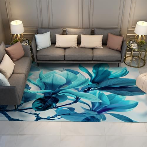 HOBBOY Kreativer Blumenteppich Blau Magnolie Bodenmatte Frühling Blumen & Pflanzen Innenteppich Tiefflor Badezimmer Schlafzimmer Waschbarer Teppich 100 x 150 cm