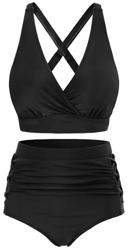 CMTOP Maillot de Bain Femme 2 Pieces Taille Haute Ventre Plat Maillots Deux Pièces Col en V Push-Up Rembourré Bikini Set d'Été Chic et Élégant Swimsuit Froncé Swimwear Beachwear(Noir,XL)
