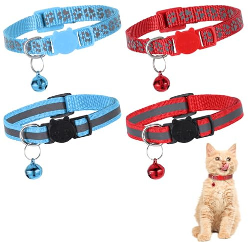 YUXIANLB 4 Stück Katzenhalsband mit Glöckchen Reflektierende verstellbare Haustierhalsbänder mit Sicherheitsschnalle Leuchtstreifen für erhöhte Sichtbarkeit für Hauskatzen und Welpen