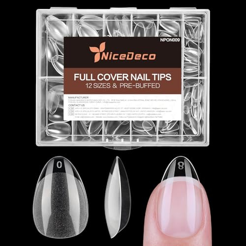 Nicedeco XS Short Almond Nail Tips, Press on Nails, Clear Full Cover Natural False Nails Gel X Nails for Extensions, Acrylic Nails, Resin Clear Strong False Nails 12 Sizes 216PCS