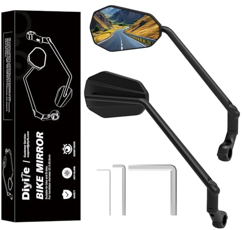 Diyife Fahrradspiegel 2 Stück (Links+Rechts) Verlängerte Spiegelstange, Extra Großer Glasspiegel, 360° Drehung, Rückspiegel Fahrrad für 22–25,5 mm, PA6+30% GF-Material, für Fahrrad, E-Roller ect