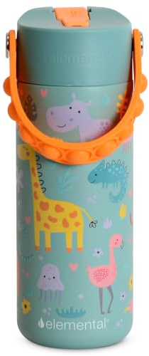 Elemental Insulated Kids Water Bottle, Stainless Steel Water Bottle with Straw Lid & Pop-It Handle, Leak-Proof Water Bottles for School, Boys or Girls, Travelling and Sports, 530ml - Safari | Stainless Steel Water Bottle; Leak-Proof Water Bottles for School, Boys & Girls, Travelling and Sports