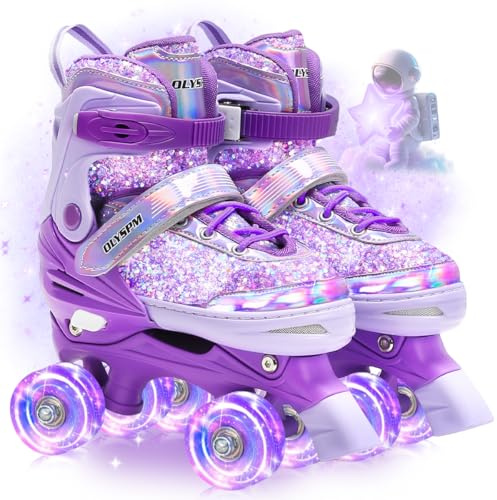 OLYSPM Pattini a Rotelle Bambina,Tomaia Fluorescente,Roller Bambina Regolabili con 8 Illuminante Ruote Gli Oggetti per Ragazzi,Ragazze e Principianti(Viola)