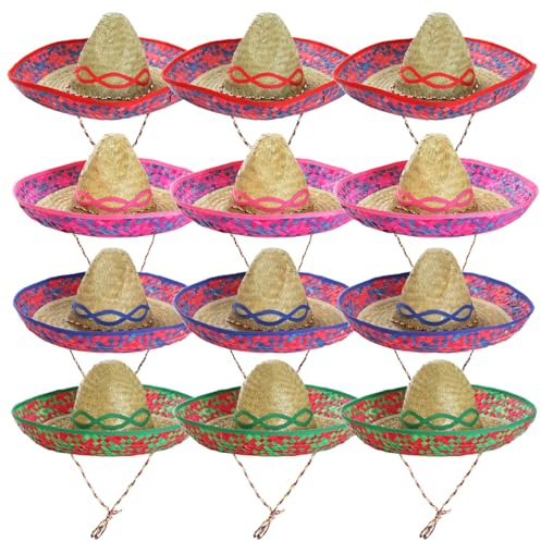 I LOVE FANCY KLÄNNING 12-pack mexikanska sombrero-hattar - 3 blå, 3 gröna, 3 rosa, 3 röda broderade sombreros - perfekt för temafester