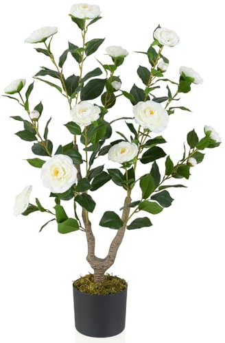 RELAX4LIFE Künstliche Kamelie 90 cm, Kunstpflanze mit 16 Blumen & 116 realistischen Blättern, Zimmerpalme Dekorationsbaum Indoor Outdoor für Huas, Wohnzimmer, Hochzeit (Weiß)