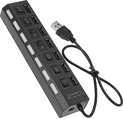 SHINEOFI Concentrador USB de 7 Puertos Indicador LED Azul Divisor USB Ligero y Portátil para Oficina y Hogar Múltiples Puertos en Material Abs