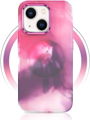 Yojiong Coque Magnétique pour iPhone 14 Plus Compatible avec MagSafe, Motif Marbre Étui Fond Mat Translucide, PC Dur Housse Arrière Anti-Rayures + TPU Bumper Antichoc, Fuchsia