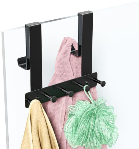 WAYASI Porte Serviette Paroi de Douche Verre, Crochet Douche, Noir | Patere Salle de Bain Sans Percage, Double Face Accroche Torchon, Porte-raclette en Métal, Avec 7 Crochets, Mousse Protection
