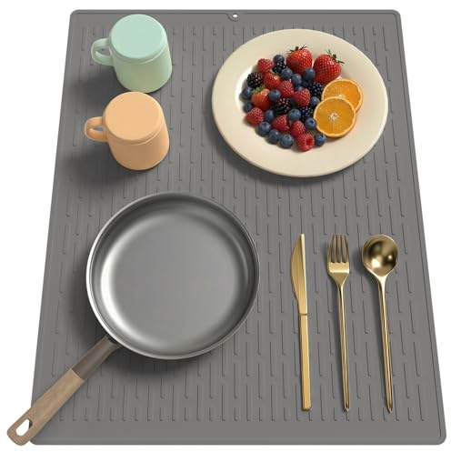 40 x 50 cm große Geschirrspülmatte mit integrierten Rillen, Silikon-Abtropfmatte, hitzebeständige und leicht zu reinigende Küchenarbeitsplatte/Spüle/Kühlschrank-Mehrzweckmatte (Grau)