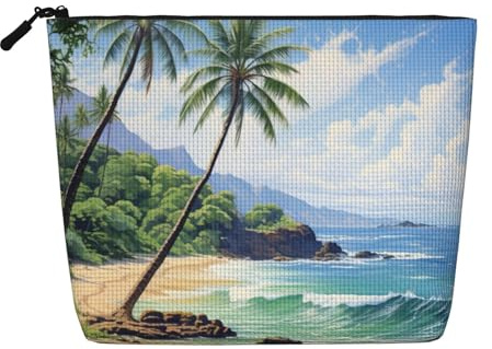 DRTGEDS Hawaiian Beach With Palm Trees Daily Pouch Cosmetic Bag Fake Hemp Large Organizer For Travel Toiletry Water Resistant