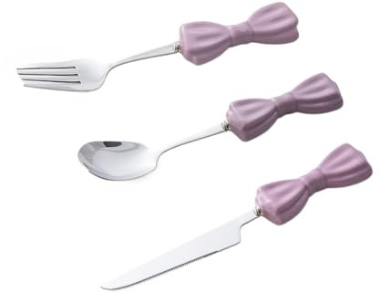 Set di Posate in Acciaio Inox e Ceramica con Papillon, Composto da Coltello, forchetta, Cucchiaio e cucchiaino (Viola, 3 Pezzi).