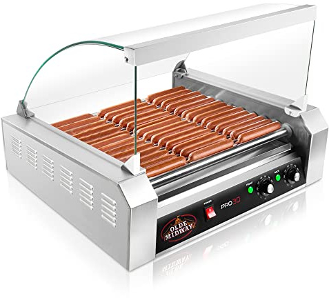 Olde Midway Electric 30 Hot Dog 11 Roller Grill Cooker Machine with Cover 1400-Watt - Commercial Grade