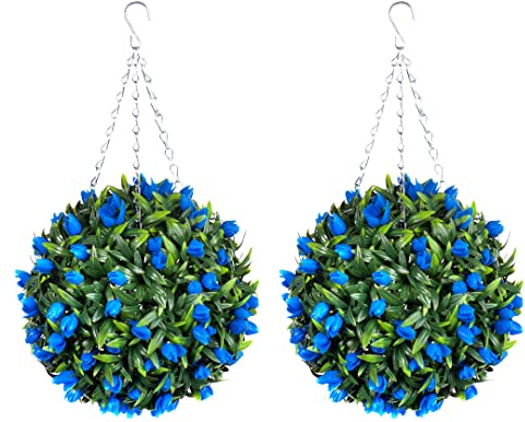 Pair of Best Artificial TULIP Flower Balls Lush Long Leaf Topiary Grass (28cm, Blue)
