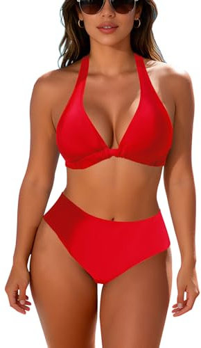 JFAN Bikini 2 Pieces Femme Chic Vintage Maillots de Bain Halter Triangle Top Réglable Taille Haute Push-up Rembourré Exotique,Rose,XL