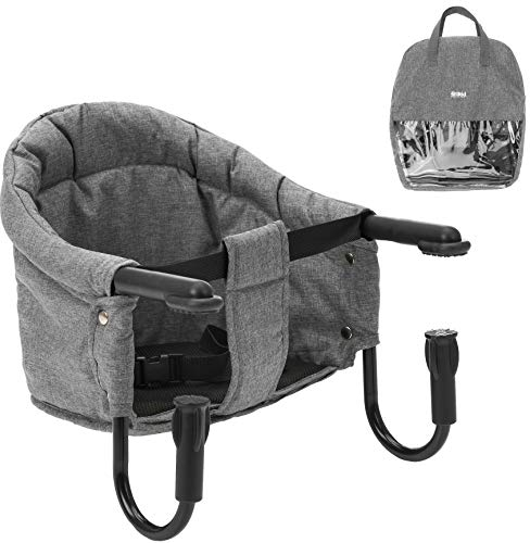 Fillikid Tischsitz Babysitz - faltbare Baby Sitzerhöhung/Booster Sitz mit Anti-Rutsch-Klemmen und Tragetasche - Kinder Reisehochstuhl für dicke Tischplatten - Grau
