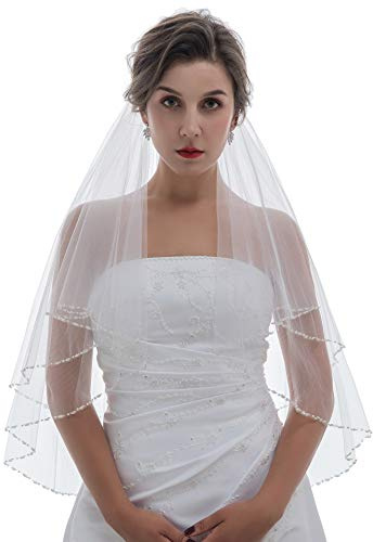 SAMKY Brautschleier, 2 Etagen, Perlen, Kristallperlen, Hochzeit, Schleier - elfenbein - Ellenbogen Länge 76 cm