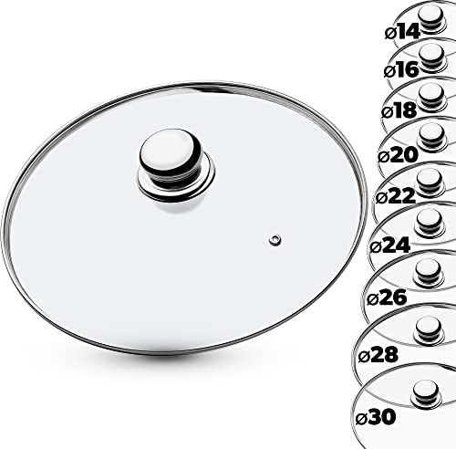 KADAX Tapa de Vidrio Resistente al Calor para Ollas, Sartenes y Cacerolas, Tapa de Cristal con Borde de Acero, Mango Ergonómico y Orificio de Ventilación (26 cm)