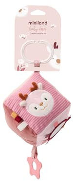 Miniland - Jouet mobile pour lit bébé - Cube sensoriel avec anneau de dentition, hochet et miroir - Stimule les sens dès la naissance (Baby Deer)