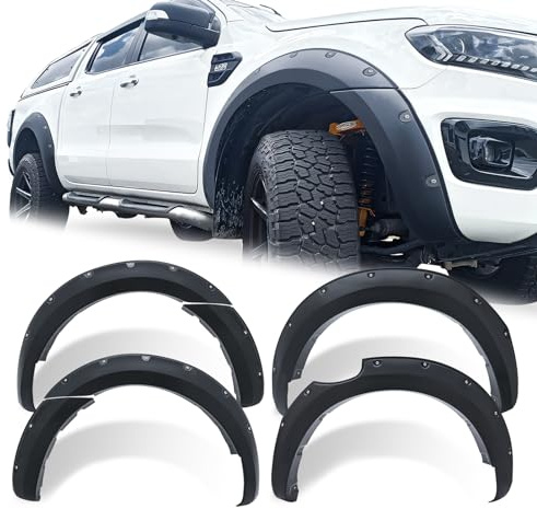JHCHAN Kotflügelverbreiterung Ford Ranger 2016-2022 T7 T8 Doppelkabine OHNE PDC, 6 Zoll Radlaufverbreiterung, Radlauf Schutzleisten mit Nieten-Optik Steinschlag und Schmutz Matt Schwarz ABS