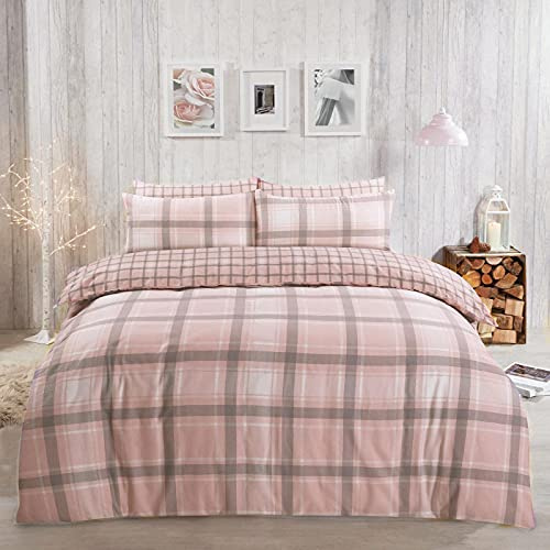DREAMSCENE Aspen Thermo-Bettwäsche-Set, kariert, Bettbezug mit Kissenbezug, 100 Prozent gebürstete Baumwolle, Biber, Schottenkaro, Bettwäsche Sommer Rosa 135 x 200 cm