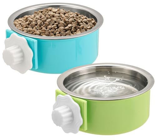 Mechpia 2 Pieces Crate Dog Bowl, Removable Stainless Steel Pet Kennel Hanging Food Water Feeder Bowl Cage Coop Cup for Puppy Medium Dog Cat Rabbit Ferret Bird (Blue,Green)