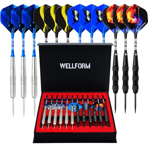 WELLFORM Darts Metal Tip Set, 12 Pack 22 Grams Steel Tip Darts Set-Professional Metal Darts for Dartboard, with Non-Slip Iron Barrel, Aluminum Shafts, Extra Flights, Dart Sharpener & Wrench, Gift Box
